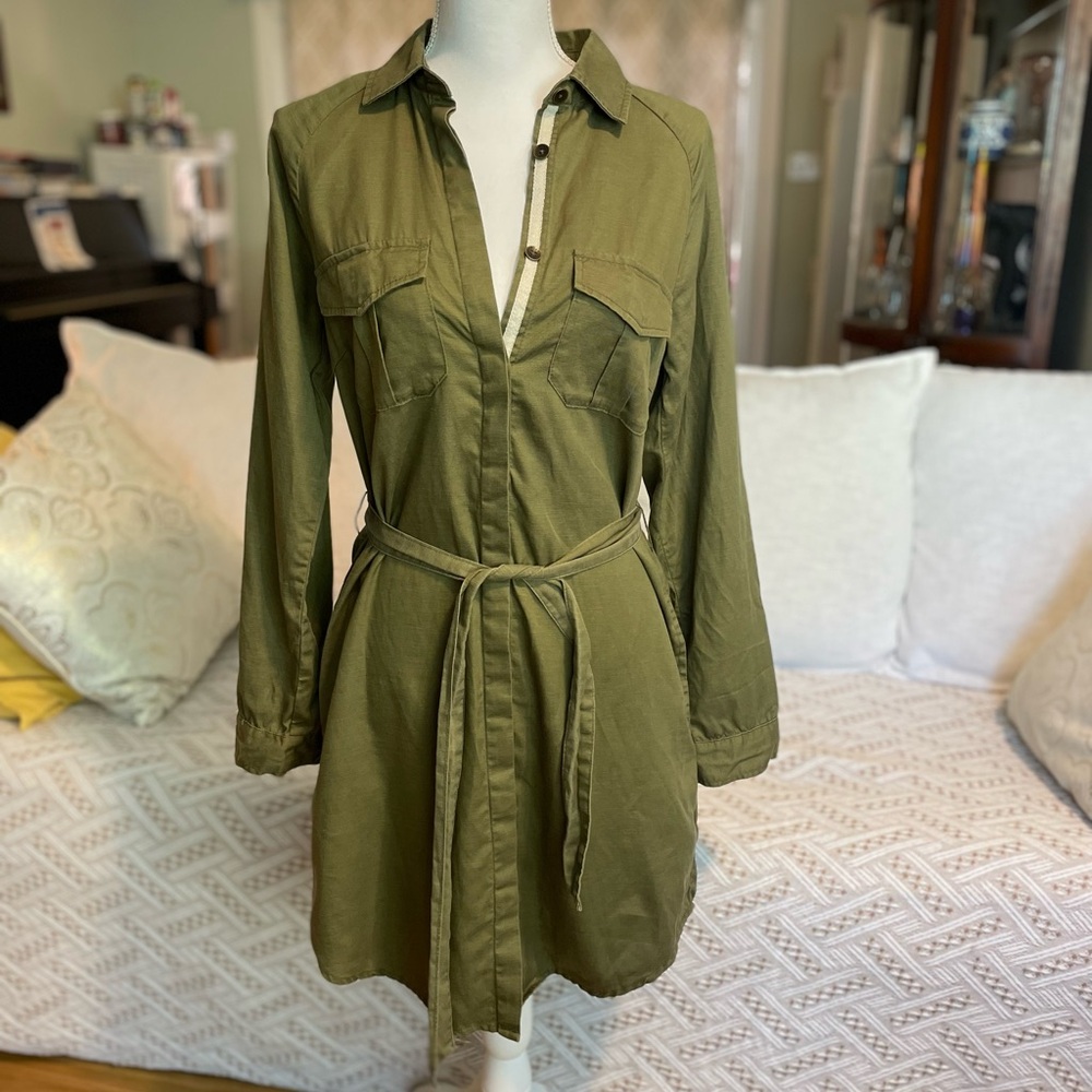 Roxy Olive Green Long‑Sleeve Belted Utility Shirt Dress